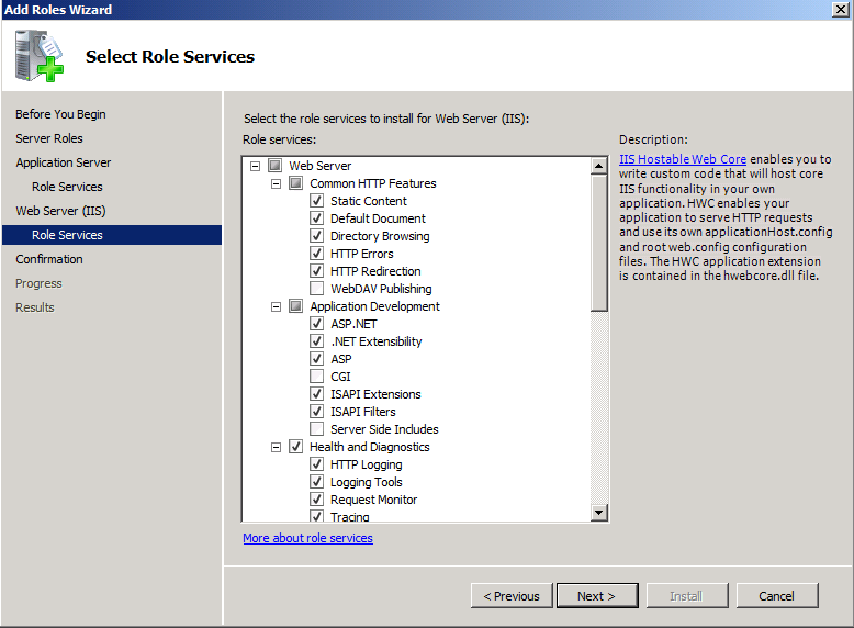 web server role services screen