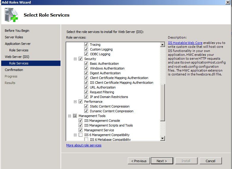 web server role services screen