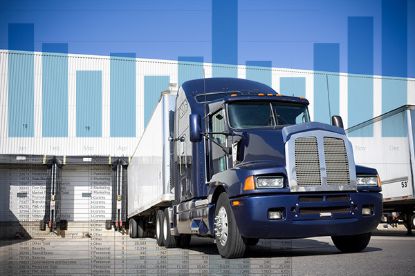 trucking anyalytics, syntelic software, truck image with analytics graphs in the background